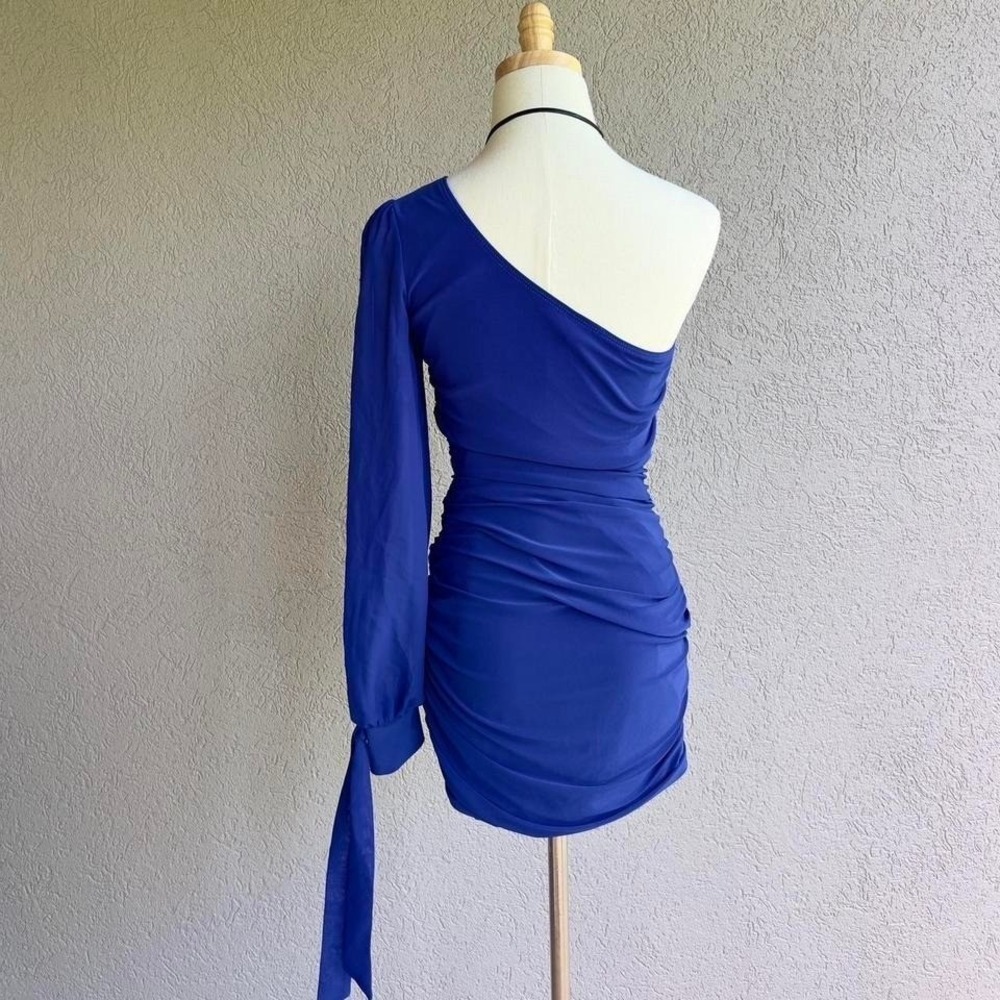 Y2K Deb Blue Rhinestone Mini Dress Medium Party Club One Shoulder Long Sleeve - Picture 6 of 7